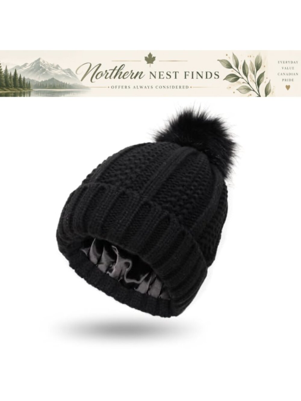 Womens Knitted Beanie Silk Lined Faux Fur Pom Pom Winter Toque